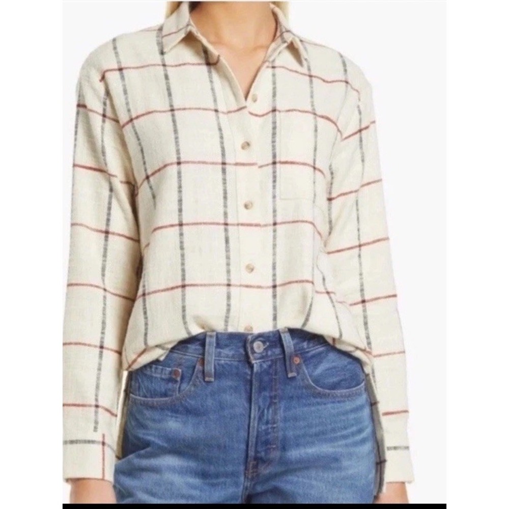 Madewell Ex Boyfriend Shirt Womens Small Cream Plaid Windowpane Oversize Flannel